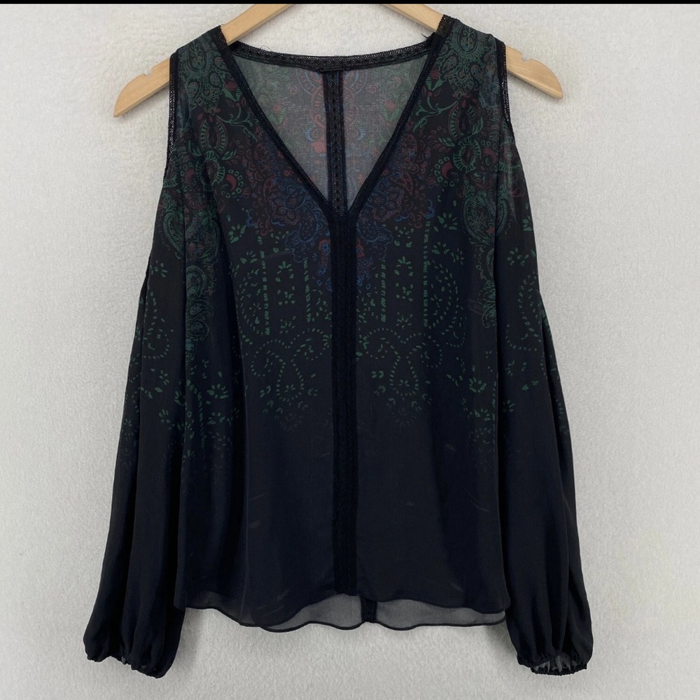 ELIE TAHARI Blouse M Silk Crepe Floral Boho V-Neck Long Cold Shoulder Black